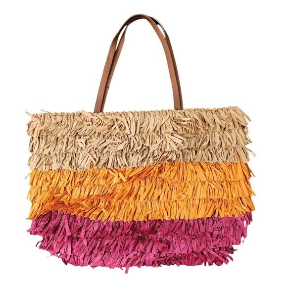 J. Crew Tote Bag Large‎ Fringe Paper Straw Beach Multicolor Handwoven Boho NWT - Picture 1 of 12